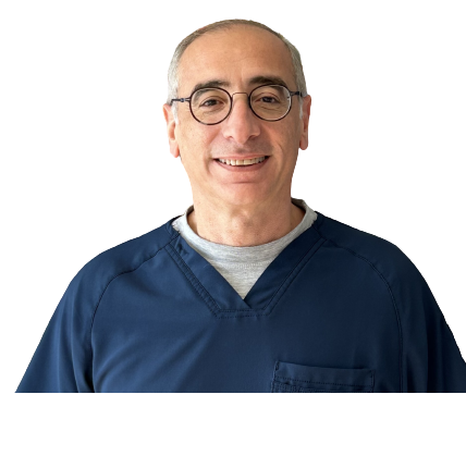 Dentist in London Ontario-Dr._Itani Smiling male dentist -Dr Itani in navy scrubs, part of the dental team at Tabbara Dentistry in London Ontario, offering family and sleep dentistry services.